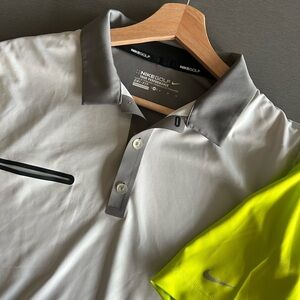 Nike Men's White, Gray, and Neon Yellow Golf Dri fit Performance Polo Shirt